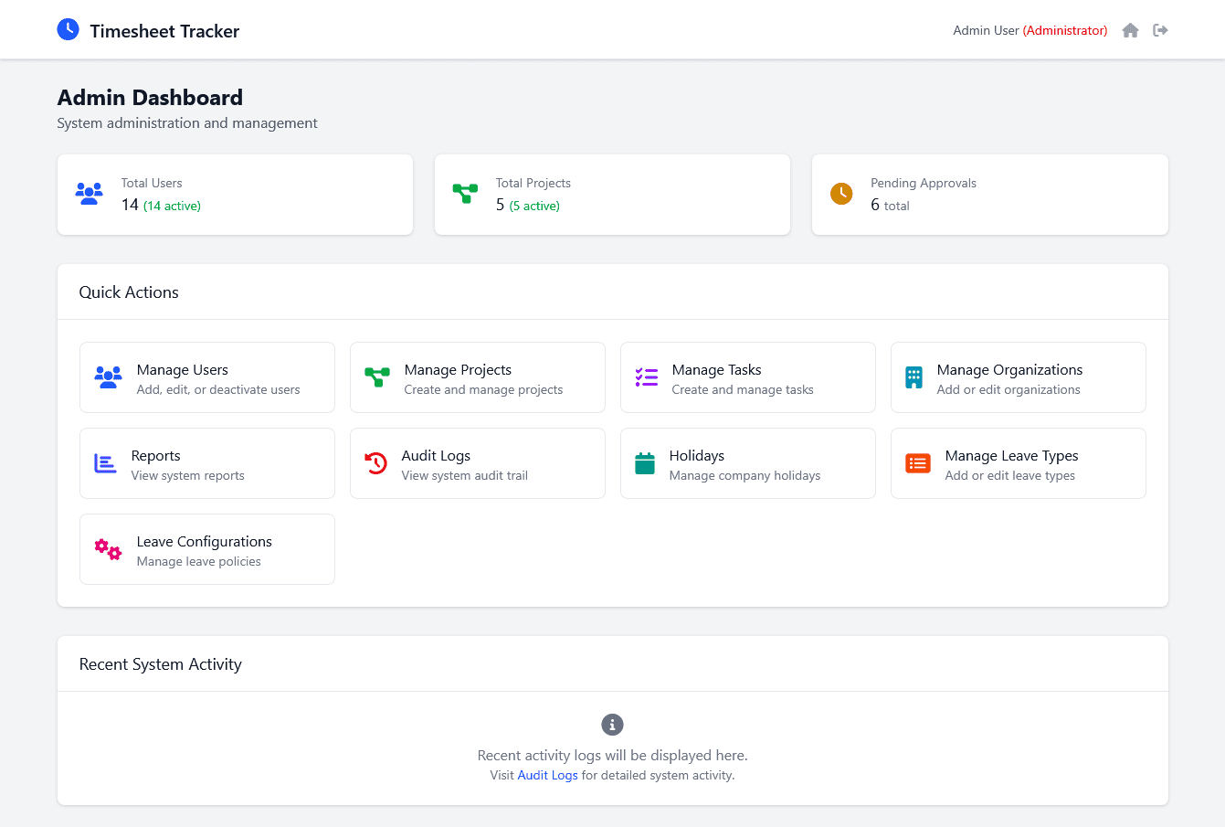 Admin Panel: This is your command center. The intuitive dashboard gives you an overview of your timesheets, leave balances, and recent activity, all in one place. Stay on top of your work and manage your time effectively from the moment you log in.