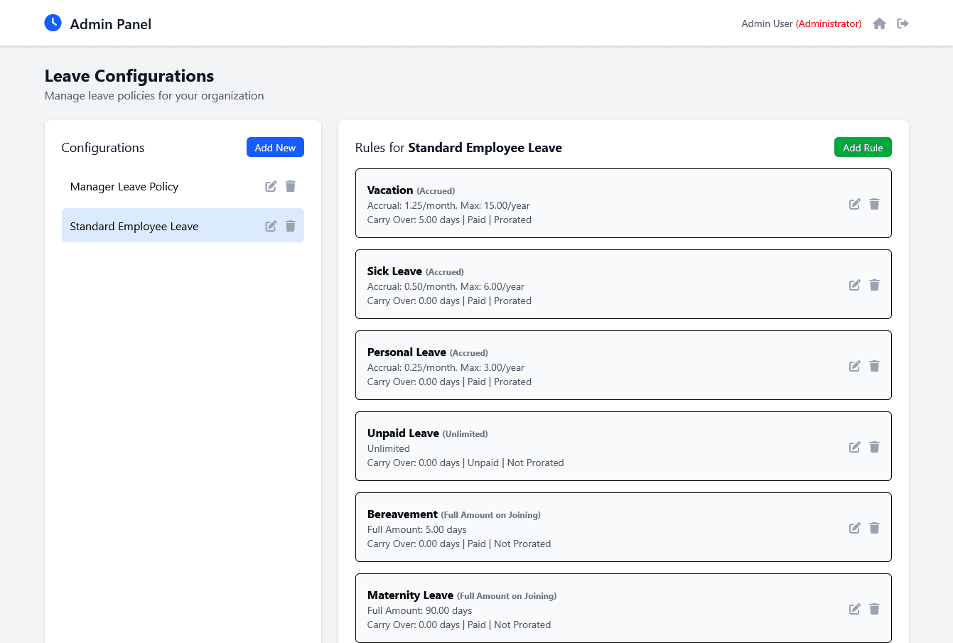 Leave Configuration: Set up detailed leave policies and accrual rules with our flexible leave configuration options. Define carry-over policies, set limits, and create a fair and transparent leave management system for your entire organization.