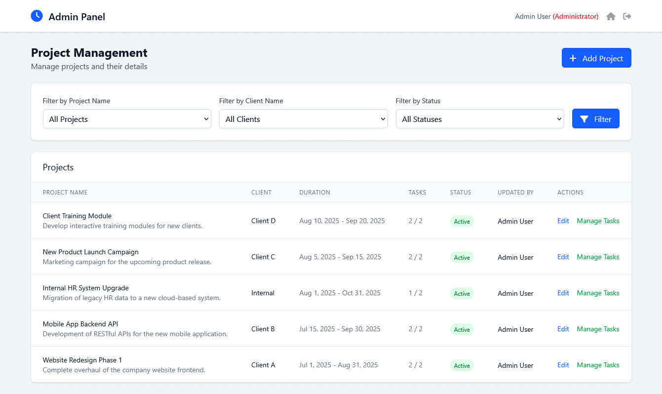Project Management: Take control of your projects with our comprehensive project management tools. Create new projects and track progress to ensure your team stays on schedule and within budget. It's project management, simplified.