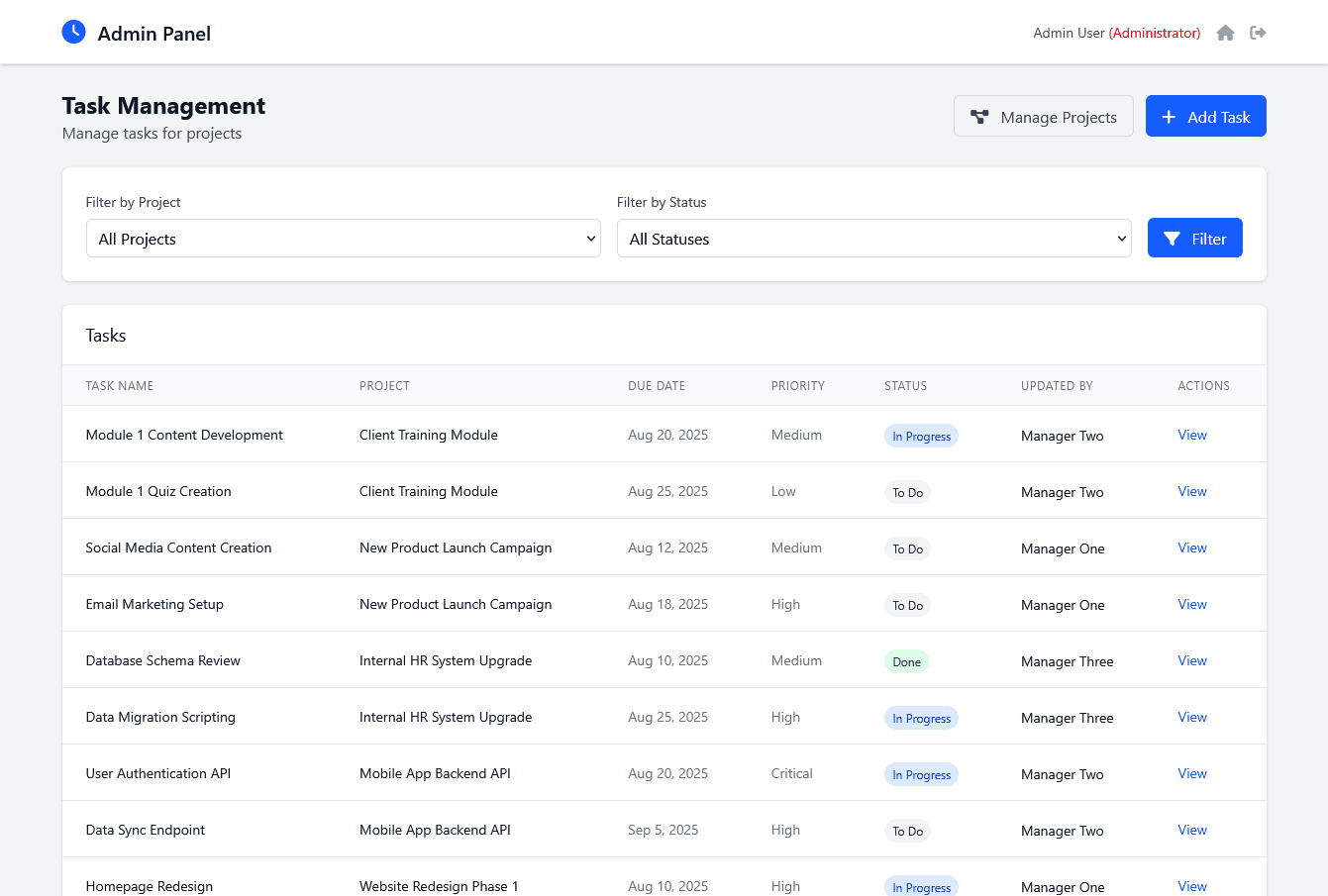 Task Management: Break down your projects into manageable tasks. Our task management system helps you keep track of who is working on what, ensuring clarity and accountability across your entire organization.