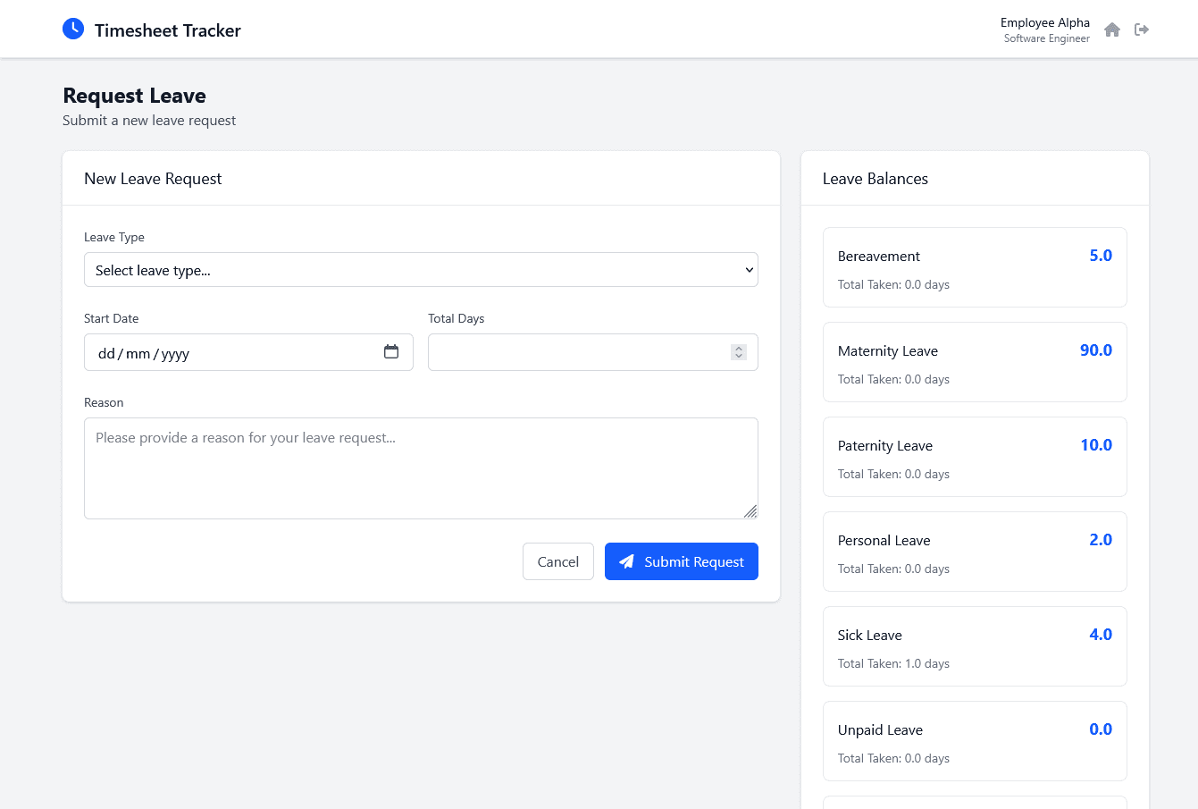 Leave Request: Need to take a day off? Our simple leave request form makes it easy to submit your request. Select the leave type, choose your dates, and add a note. It's that simple.
