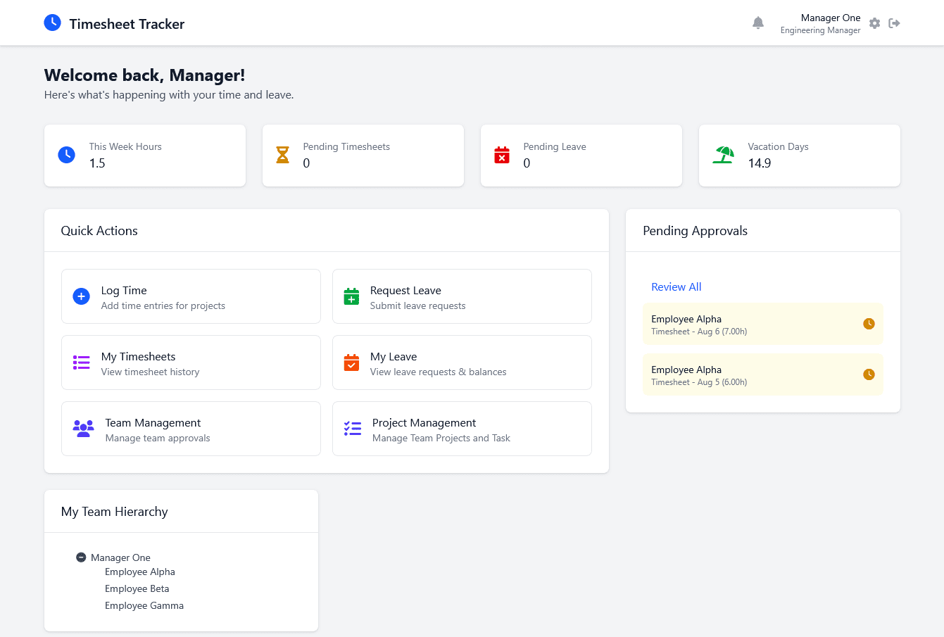 Dashboard: The home dashboard provides a personalized overview of your work. Quickly access your timesheets, check your leave balances, and stay informed about your tasks and deadlines.
